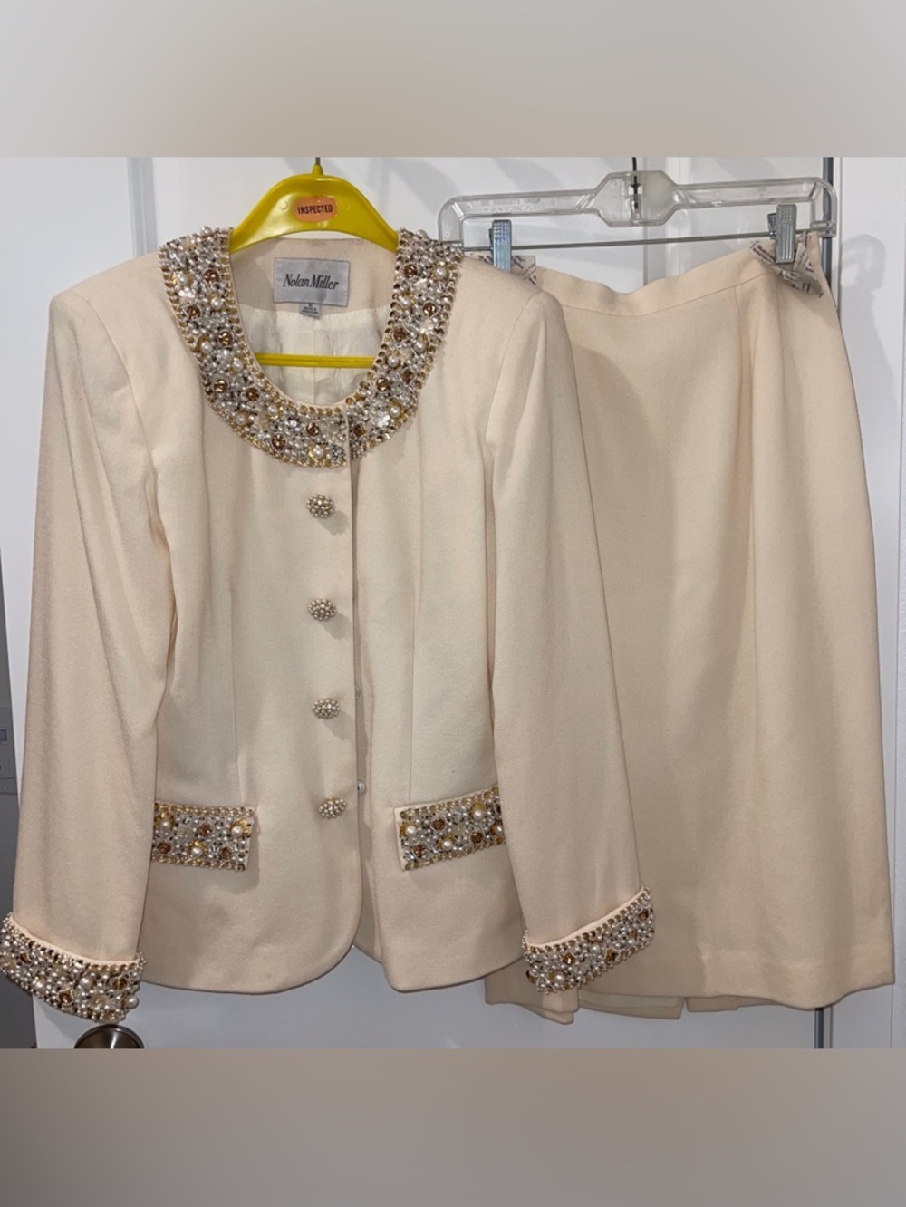 Nolan Miller Cream Beaded Collar Midi Skirt Suit